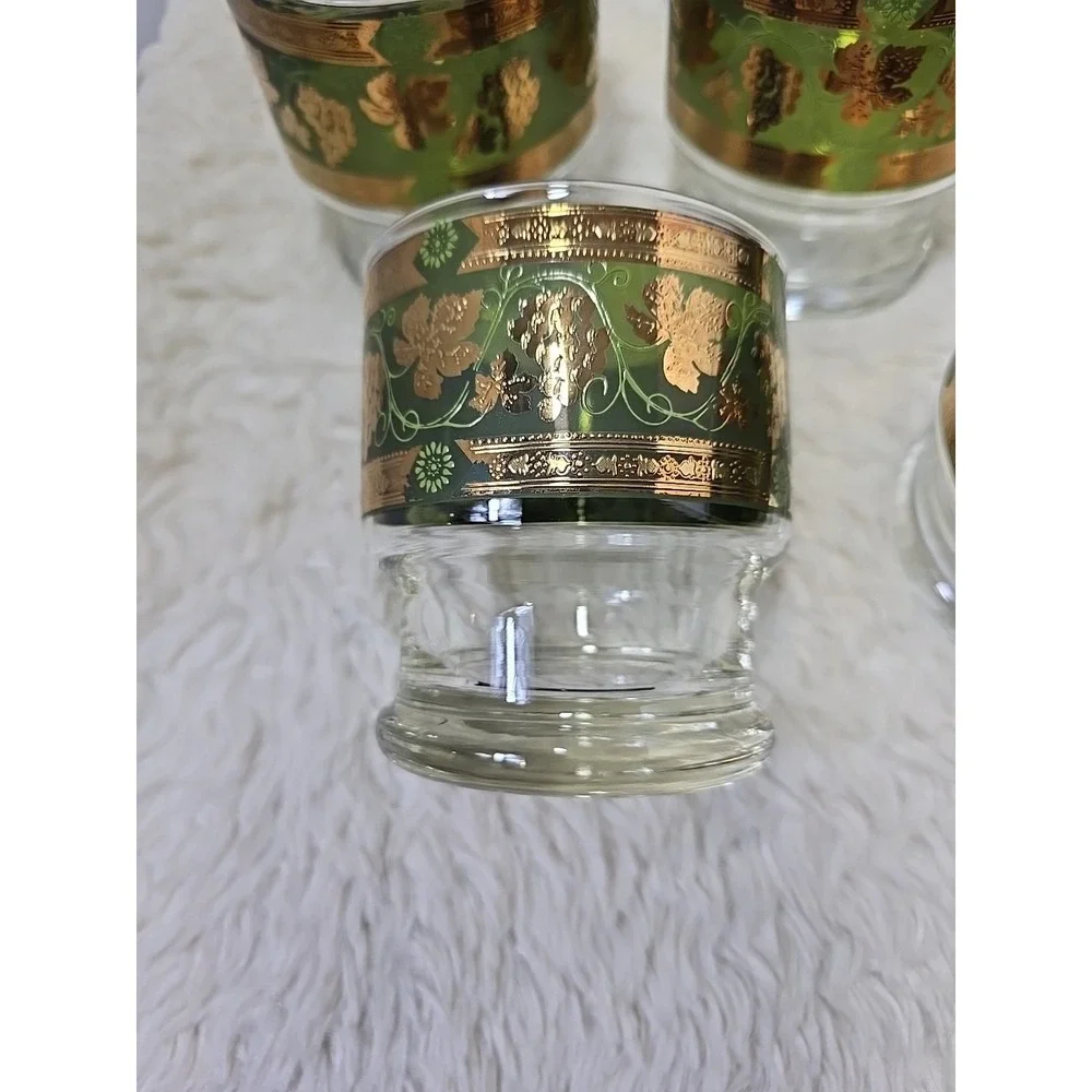 8 Cera Golden‎ Grapes Double Old Fashioned Footed Tumbler Glasses MCM Green Gold